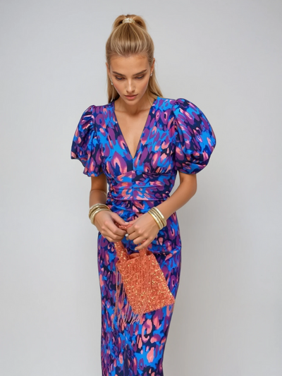 ROSALIND | COLOURFUL MIDI DRESS WITH PLEATED SLEEVES