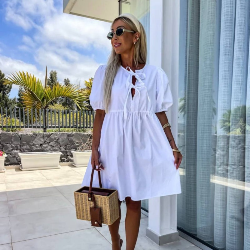 Oana – Puff Sleeve Dress with Bow Detail