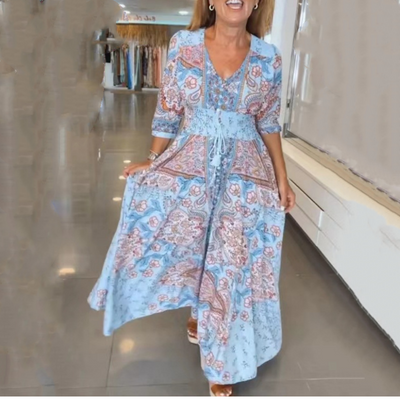 Aliye - Elegant Floral Drawstring Long Dress